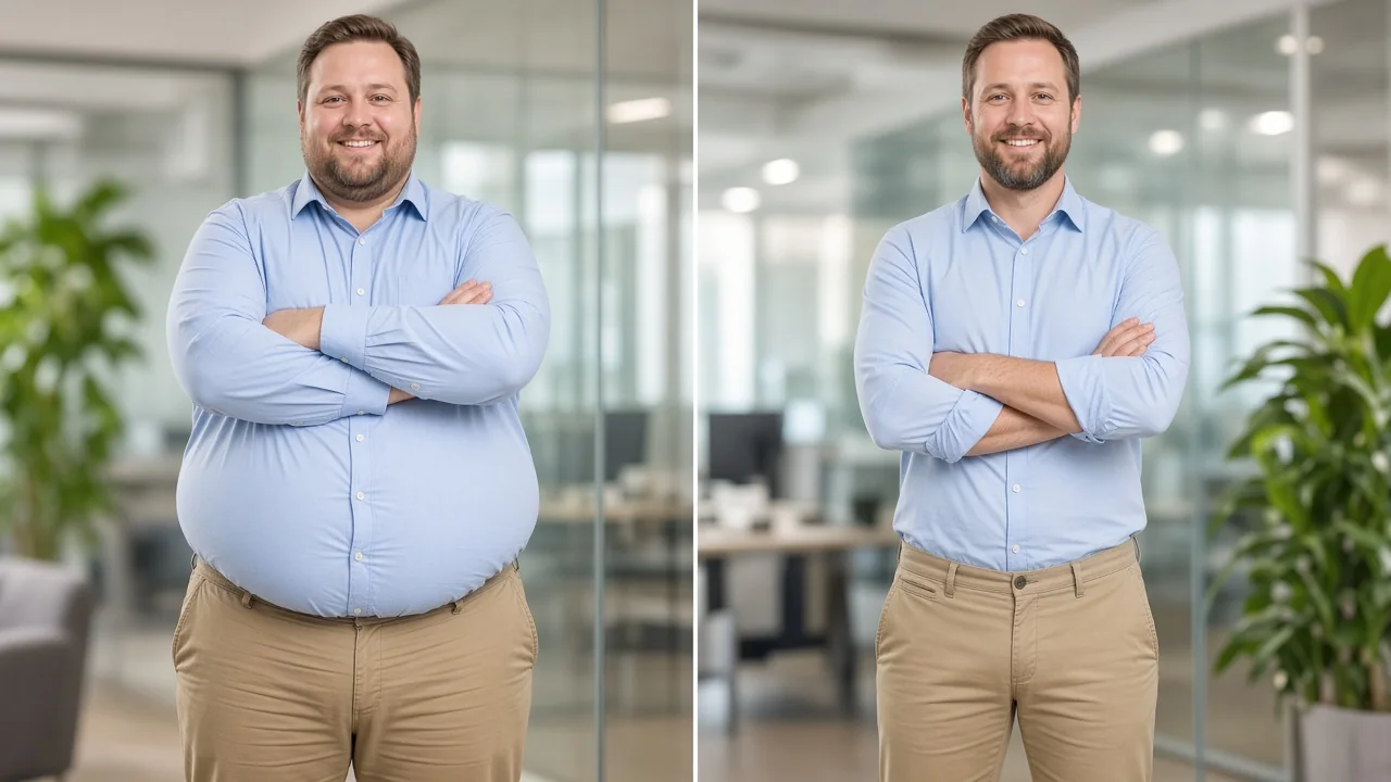 Comparativo antes e depois: mesmo paciente em acompanhamento médico online para emagrecimento